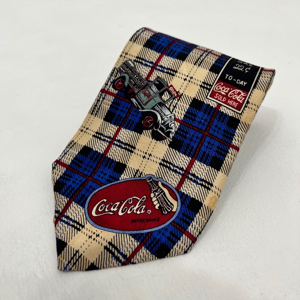 Vintage Coca-Cola Silk Tie Beige Blue Plaid 56.5" x 3.75" Stylish Classic - Picture 1 of 8